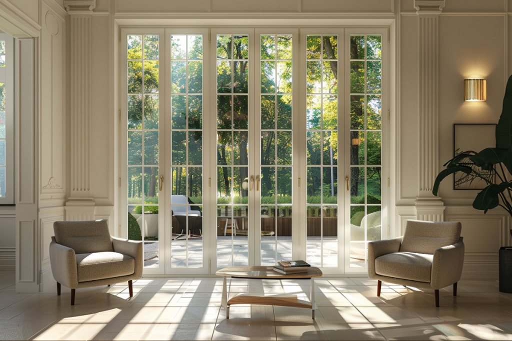 Stylowa i nowoczesna ilustracja odzwierciedlająca trendy w projektowaniu okien i drzwi na 2024 rok, w tym materiały ekologiczne, technologię Smart Home, minimalistyczne linie, żywe kolory i funkcje energooszczędne.