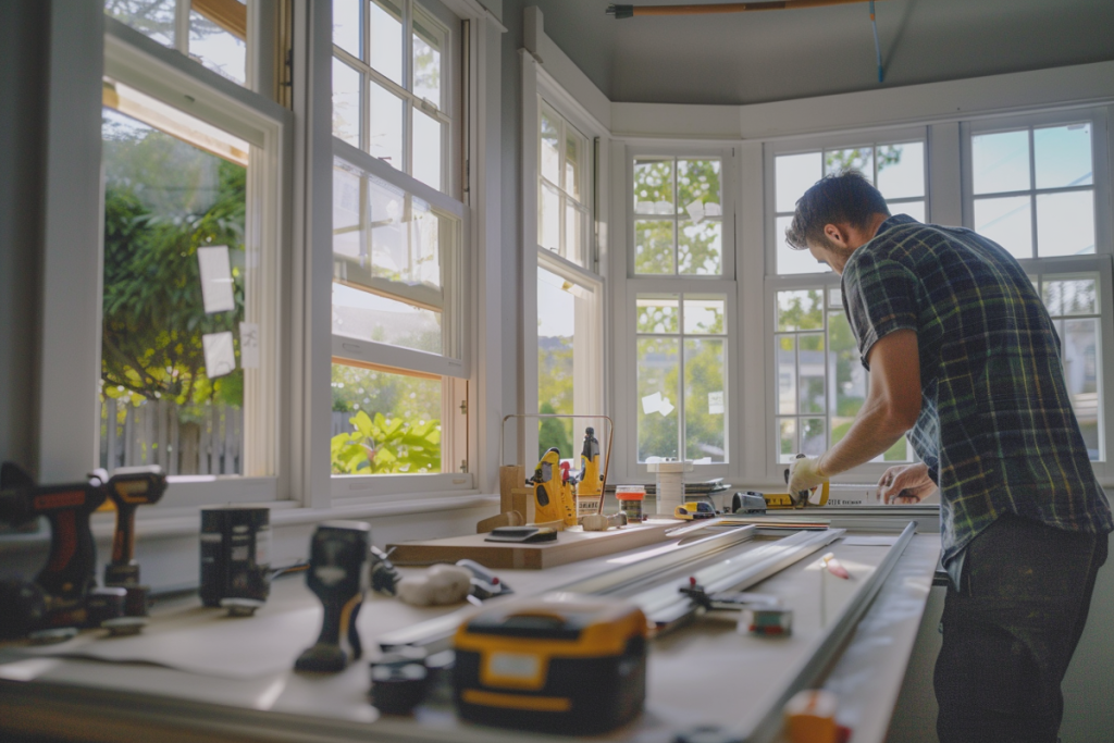 Mężczyzna montujący okno w jasnym pomieszczeniu, z narzędziami rozłożonymi na parapetach oraz wiertarką i poziomicą na pierwszym planie.