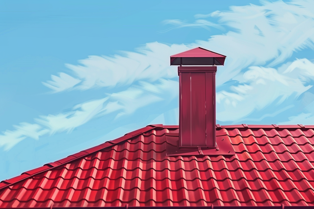 Ilustracja przedstawia czerwony dach z kominem na tle niebieskiego nieba z białymi chmurami, symbolizująca właściwy montaż pokrycia dachowego zgodnie z praktycznymi wskazówkami z artykułu.
